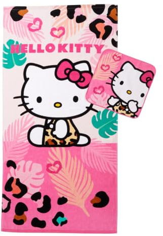 Hello Kitty Kids Bath/Pool/Beach Soft Absorbent Cotton Terry Towel with Washcloth 2 Piece Set, 50 in x 25 in, (Officially Licensed Product) by Franco