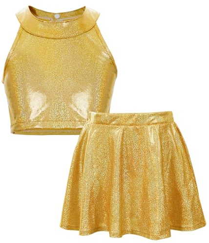 AIEOE Tanz Outfit Mädchen Pailletten JazztanzkostÜM für Kinder Kinder Disco Outfit und Kostüm Glitzer Kleid Mädchen Gold 6-9 Jahre