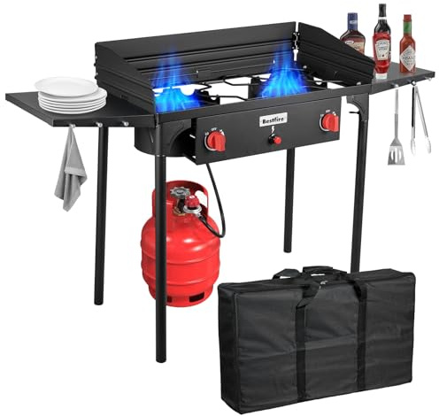 Bestfire 2 Burner Camping Stove with Windscreen& Side Shelves, Bag, Auto Ignition Button,Regulator,150,000 BTU High Pressure Camping Stove Propane Burner With Removable Legs for Outdoor BBQ&Backyard