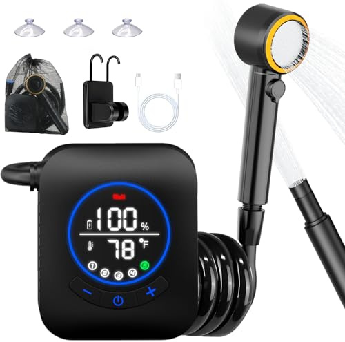 Portable Shower for Camping, 8000mAh Rechargeable Camping Shower Pump with 3X Stronger Water Flow, 5 Pressure Levels & 4 Shower Modes Outdoor Shower with Intelligent LED Display for Hiking, Black
