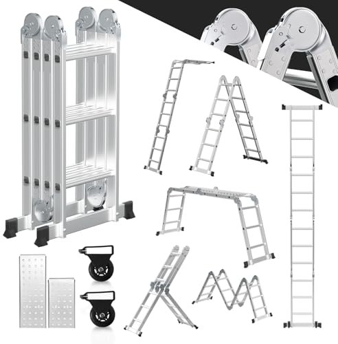 Fiqops Échelle multifonction 4x3 7 en 1 en aluminium avec 2 plateformes et 2 roulettes de transport jusqu'à 150 kg 360 cm, échelle polyvalente pliante combinée d'appui et multifonction