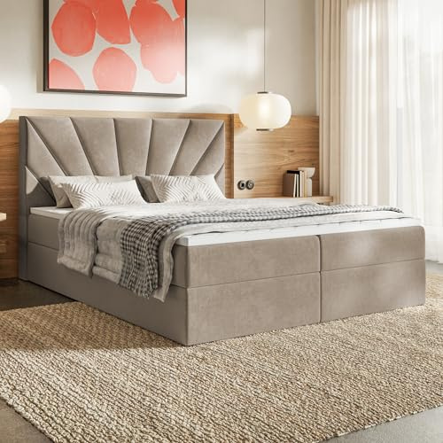 MOTIVENA Aspen Boxspringbett 160x200 mit Bettkasten und Topper, Polsterbett 160x200 mit Bettkasten, Bonellfederkern-Matratze (H4), T28 Komfortschaumstoff Topper (H3), Samt, Beige