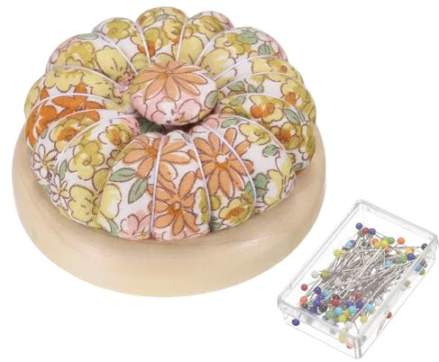 sourcing map Cuscinetti per spilli con 50 spilli da cucito, graziosi aghi in stile giapponese, puntaspilli con parte superiore magnetica, base in legno per cucito, trapuntatura, cucito, artigianato