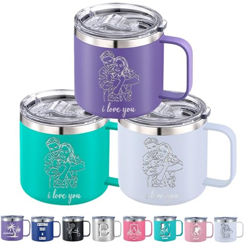 Akmxem Tazza da caffè personalizzata 350ML/410ML con coperchio e manico, bicchiere termico personalizzata in acciaio inox con nome inciso, testo, logo e foto mantiene freddo/caldo