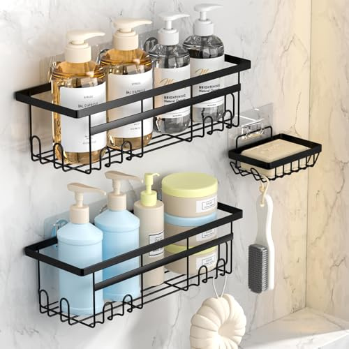 OLYREO 3 Pack Shower Caddy No Drilling, Stainless Steel Shower Shelf Bathroom Caddy Storage with 8 Hooks, Self Adhesive Rustproof Wall Mounted Bathroom Storage Shampoo Holder Black