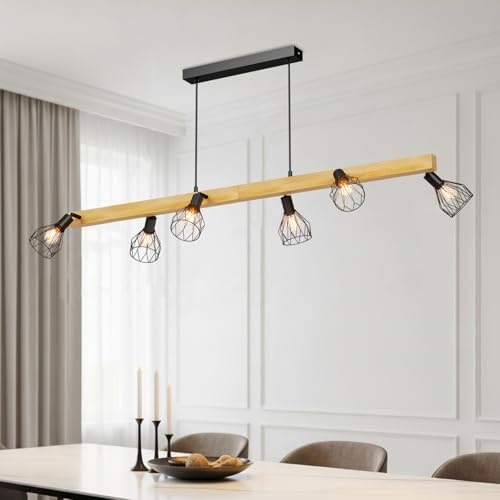 LVWIT Deckenleuchte Esszimmer Hängend 6 Flammig Schwarz Esstischlampe Holz E14, Deckenlampe Hängelampe Esstisch, Industrial Pendellampe Wohnzimmer, Flurlampe, Küchenlampe Hängend, Esszimmerlampe
