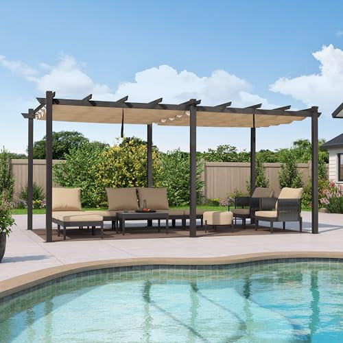 Pergola da giardino leggera in alluminio, 3,5 x 5,5 m, con tetto retrattile, elegante gazebo da esterno per patio, terrazza e uso commerciale, colore beige chiaro