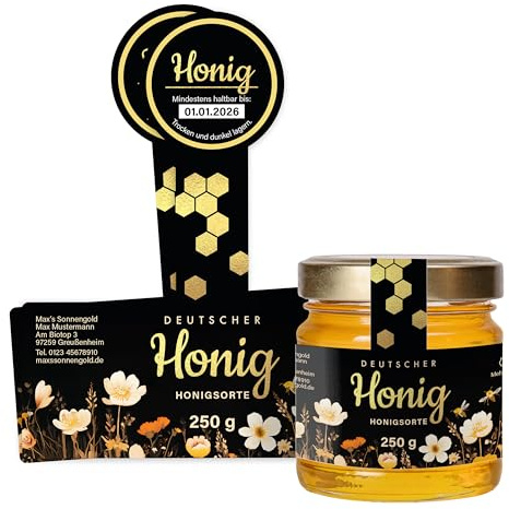 Honigetiketten 250 g personalisierbar mit Gewährverschluss – Aufkleber für Honiggläser selbst gestalten – selbstklebend, ablösbar – ab 25 Stück – (HONIG - 250 g - GEW3)
