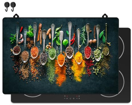 KitchyMist Protège Plaque Induction Cuillères d’Herbes et Épices - 80x52 cm - Déco cuisine - Protection pour plan de travail - Cuisson protégée - Fond de hotte de cuisine