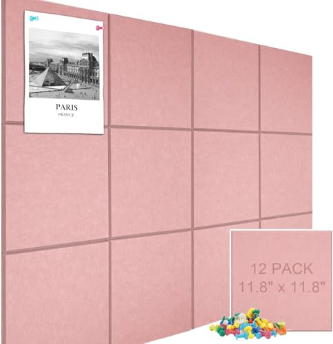 Cork Board Alternative 120 x 90 cm Notice Pin Board Bulletin Board for Home Office Kitchen Photos Memos - 12 Pack Removable Felt Wall Tiles with 30 pushpins - Pink