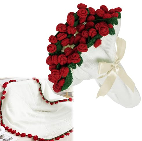 YuLiMirich Couverture bouquet de fleurs - 80 x 80 cm - Couverture rose au crochet - Fabriquée à la main - Douce et légère - Pour anniversaire, décoration d'intérieur - Rouge