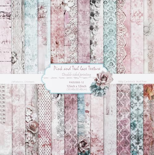 24 Sheets Pink Lace Paper, 12x12 Double-Sided Romantic Lace Pattern Scrapbook Paper for Wedding Projects, Baby Showers, Valentine's Day, Journaling