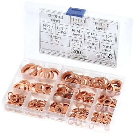 300pcs/box copper Washer Gasket Nut and Bolt Set Flat Ring Seal Assortment Kit with Box M5/M6/M8/M10/M12/M14 for Sump Plugs