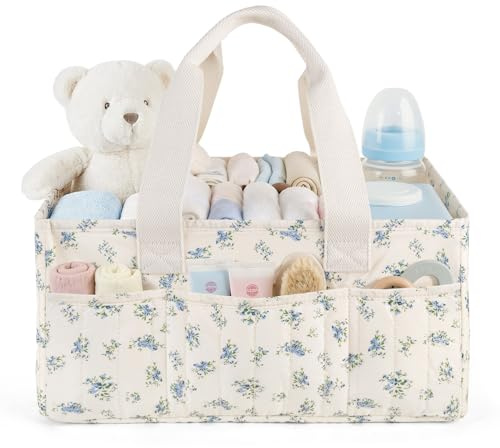 Lemoobolsa Baby Diaper Caddy Organizer with Portable Changing Mat-Portable Baby Organizers and Storage, Gift for Baby Shower, Baby Essentials Organizer with Removable Dividers (Blue Floral)
