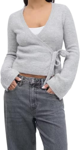 Alaurbeauty Maglione avvolgente da donna, leggero cardigan con superficie laterale anteriore, elegante scollo a V, maglione corto attillato, grigio, S