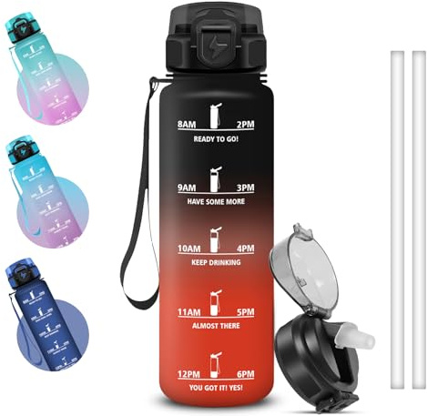 Grsta Trinkflasche 1l, Wasserflasche Auslaufsichere, Sichere Verriegelung, Mit Zeitmarkierung und Schnürung, Trinkflasche Sport mit Strohhalm für Uni, Fitnessstudio, Fahrrad