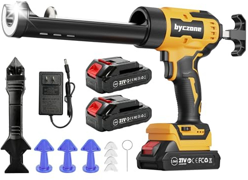 byczone Electric Caulking Gun with 2x2.0Ah Batteries, 6 Adjustable Speeds, Anti-Drip, LED Light, 300ML Cordless Silicone Sealant Gun for Sealing, Filling, Leak Proof, DIY
