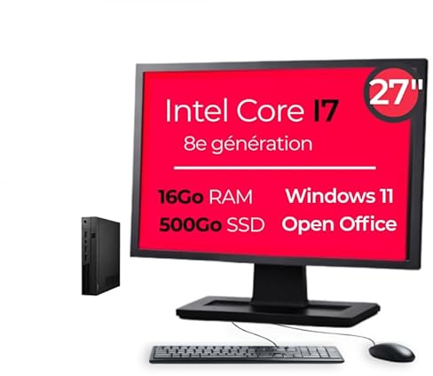 Mini PC Intel Core i7-8700T 16Go RAM 500Go SSD Windows 11 Pro WiFi avec Écran 27 Pouces OpenOffice (Reconditionné) (I7-8700T, 27)