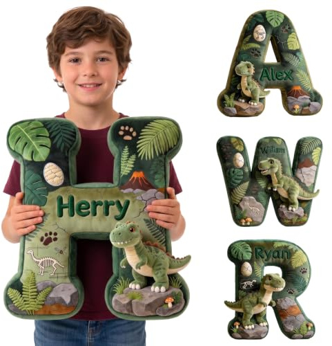 ELULAE Personalisiertes Dinosaurier-Buchstabenkissen für Kinder, A-Z Initialen, Plüschkissen mit Namen, flach Bedruckt 3D-Optik, Sofa-Deko, Geburtstags Dino-Fans.