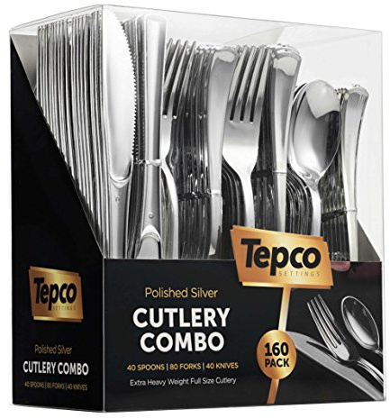 Plastic Silverware Set- Silver Flatware Set- Heavy Duty Cutlery Set - Bulk Combo Value Pack 160 count 40 Knives 80 Forks 40 Spoons Party Supplies - Tepco Settings