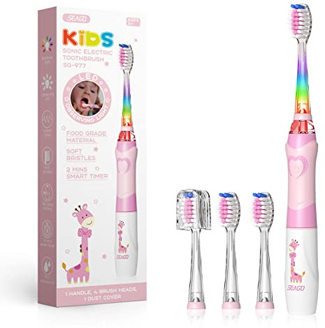 Seago Kids Electric Toothbrush 3-12, Childrens Battery Toothbrush with Colorful Lights, 2 Mins Timer, 8 Brush Heads, 4 Modes, for Junior, Boys and Girls, Giraffe Print, SG-977(Pink)