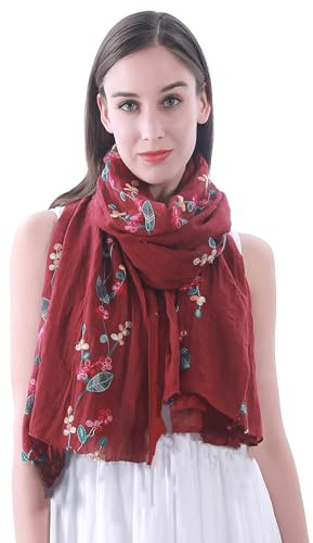 Lina & Lily broderad blommig tofs scarf sjal lätt, mörkröd, 180cm x 90cm