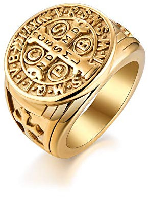 JewelryWe Schmuck Retro Herren-Ring Edelstahl Exorcism St Benedict Kreuz Ring Dämon Schutz Ghost Hunter CSBP katholischen Siegelring Bandring mit Gravur Gold Größe 62