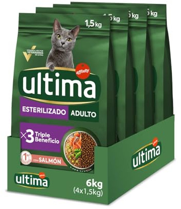 Ultima Esterilizado Adult Salmon, Comida seca para gatos, Pack de 4 x 1,5kg, Total 6kg