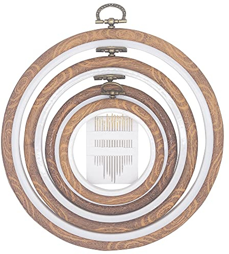 Juego de 4 aros de plástico para bordar, para punto de cruz, marco de exhibición de madera de imitación, kit de bordado circular y ovalado para manualidades, costura y colgar, con 16 agujas de coser