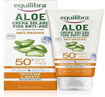 Equilibra Solari, Aloe Crema Solare Viso Anti-age SPF 50+, Protezione Solare Viso a Base di Aloe Vera, Olio di Argan, Olio di Cocco, con Vitamina C ed E e Olio di Carota, Water resistant, 75 ml