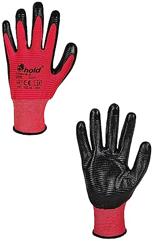 DINOZAVR Xema Arbeitshandschuhe Herren Damen - Zertifiziert EN 388 & EN 420, Nitril Beschichtet, Elastische Manschette, Atmungsaktiv, Flexibel, Nahtlos Gestricktes Polyester Trikot, 12 Paar Rot 9 L