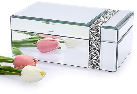 Tolida Verspiegelte Schmuckschatulle mit silbernen zerkleinerten Diamanten, Glas-Schmuckkästchen mit schwarzem Innensamt, für Halsketten, Ohrringe, Ringe, Aufbewahrungsbox für Kommode, Desktop-Party,