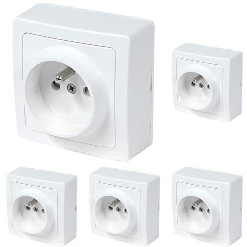DEBFLEX Interrupteur va et vient - Prises electriques Standard - Prise extra plate - Prise murale - Interrupteur va et vient sans Fil - Prise murale - Gamme Blok - Prise 2P+T Blanc, Paquet de 5