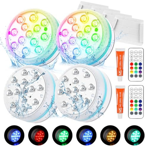 Luces LED Sumergibles, 4PCS Luces De Piscina SubacuáTicas IP68 Impermeables Con Control Remoto,16 Colores Luz de Iluminación de Piscina de Color RGB para Decoración Acuario Estanque Bodas Fiesta