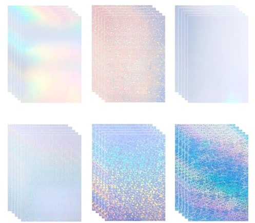 Wonninek 30 Blatt A4 Holografisches, bedruckbares wasserdichtes Aufkleberpapier für Tintenstrahl- und Laserdrucker | 6 Arten, charmantes holografisches Effekt-Design, kompatibel mit den meisten Druckern, keine Rückstände