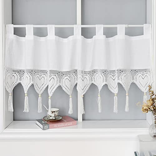 choicehot Häkelgardinen Kurzgardinen Leinen 43cm Hoch - Bistrogardine Landhausstil Scheibengardine mit Quasten Weiß Gardine H43xB150cm 1 Stück