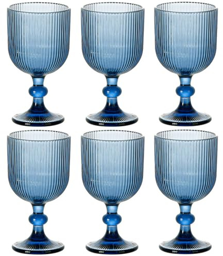 Taganov Blue Glasses Drinking Water Goblets set of 6 Big Vintage Glassware 13oz Colored Wine Glasses for Wedding Party Bar Vertical Line Embossed Pattern Stemmed Cups 400ml