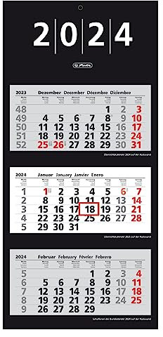 Herlitz 3-Monats-Wandkalender 2024, 33x70cm, mit Tagesanzeiger, 4-sprachig, Klein (schwarz, weiß)