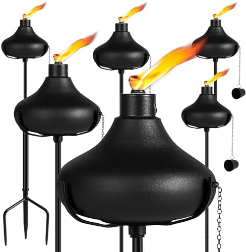 FAN-Torches 24.5 Oz Home Garden Torch Set of 6, Outdoor Metal Torch Garden Décor,55-Inch Upgraded Citronella Torches with 3-Prong Grounded Stake, Metal Light Torches for Party Patio Pathway