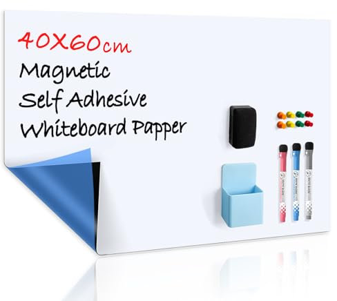 CUHIOY Whiteboard Folie, Selbstklebend Weißwandtafel, Magnetisches Whiteboard, Trocken Abwischbar, Rückstandslos Entfernbar, Für Klassenzimmer Büro Küche, Mit Marker, Radiergummi, Magnet, 60x40cm