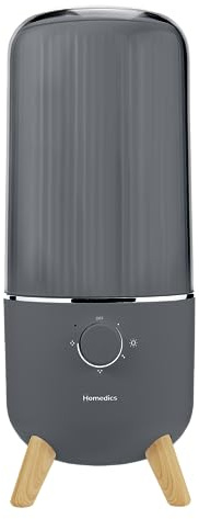 Homedics Ultrasonic Humidifier, Bedrooms and Home Offices, 0.97-Gallon Tank, 45-Hour Runtime, Visible Ultra-Quiet Cool Mist, Aromatherapy, Demineralization Cartridge, Night-Light, Auto-Off, Platinum