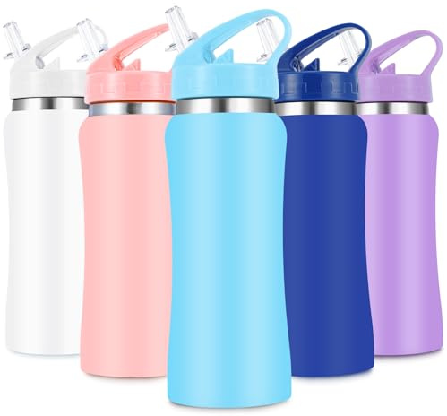 SUPPRUI Bouteille d'eau isotherme en acier inoxydable pour enfants avec paille - Petite bouteille d'eau réutilisable sous vide en métal étanche - Garde les boissons chaudes et froides - 350 ml - Bleu