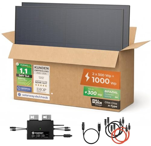 Solarway® 1000W Balkonkraftwerk 800W komplett Steckdose - neuester 800 Watt Wechselrichter - Solaranlage Komplettset - 500W bifaziale Solarmodule & Envertech & Zubehör