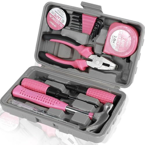 Household Repair Tool Kit,Multi-Purpose Pink Home Hand Tool Set with Storage Case,Durable Hammer and Allen Key Set with Electrical Tape Screwdriver Test Pen Plier Bits /3757 (Color : Pink, Size : 13
