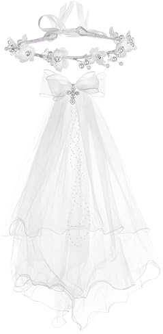 Merroyal Girls Communion Bow and Dangle Cross Charm with 24 Inch Veil on Hair Comb,with White Floral Crown (Crown with Cross Charm Veil, One Size)