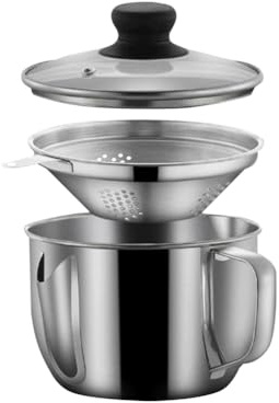 Hopbucan Edelstahl Fettabscheider 1L/4 Tasse, Fettabscheider mit Sieb und Glasdeckel, Suppe Öl Separator Cup