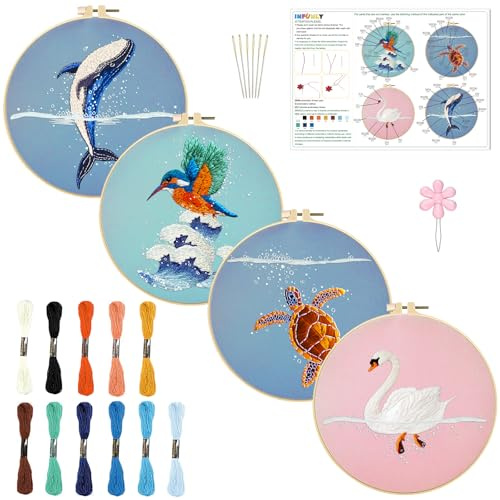 INFUNLY 4 Set Wal Sticksets für Anfänger Vogel Kreuzstich Starter Sets Mit Anleitung für Erwachsene DIY Sticknadelspitzen Sets Mit Tiermuster Stickstoffrahmen Fäden Werkzeug