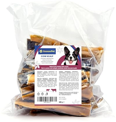 AnnonPet® Pelle di Testa di Bovino Essiccata 500g - Snack Naturale Lunga Durata per Cani Adulti - Masticativi Naturali per Pulizia Dentale e Rafforzamento Muscoli Masticatori