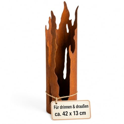Der-Porzellan-Laden Windlicht Outdoor, Metall Edelrost, Gartenlaterne | Stimmungsvolles Schlieren-Windlicht als Tischdeko für Balkon, Terrasse & Garten – wetterfeste Rostdeko, ca. 42 × 13 cm