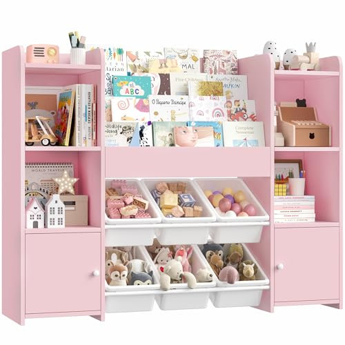 FOREHILL Scaffale Portagiochi Bambini, Organizer Giochi Bambini con 6 Scatole Portaoggetti Rimovibili, Libreria per Bambini, Libreria Aperta in Legno per Sala Giochi, Soggiorno, 119x29.5x94cm (Rosa)